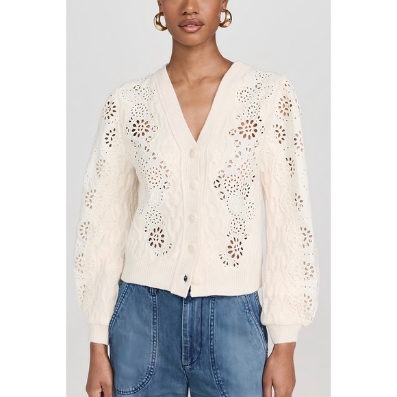 NWT SEA New York Lainey Eyelet-Embroidery Cream Long-Sleeve Cardigan Sweater - Picture 1 of 8